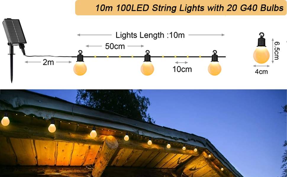 Ламп - 10M 100 світлодіодних, USB/сонячний, стійкий до погодних умов, теплий білий, 20