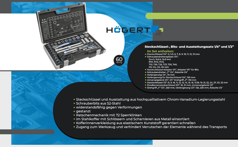 Набір інструментів Högert Technik 38/60 предметів: кейс, тріскачка, головки, біти 1/4
