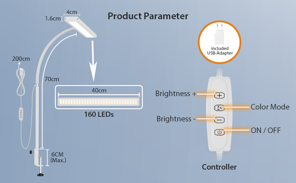 iFalarila Настільна лампа 10W з LED, регулювання яскравості, USB-порт, 3 колірні температури, 10 рівнів яскравості, гнучкий 70см шланх | Без пульта ДК