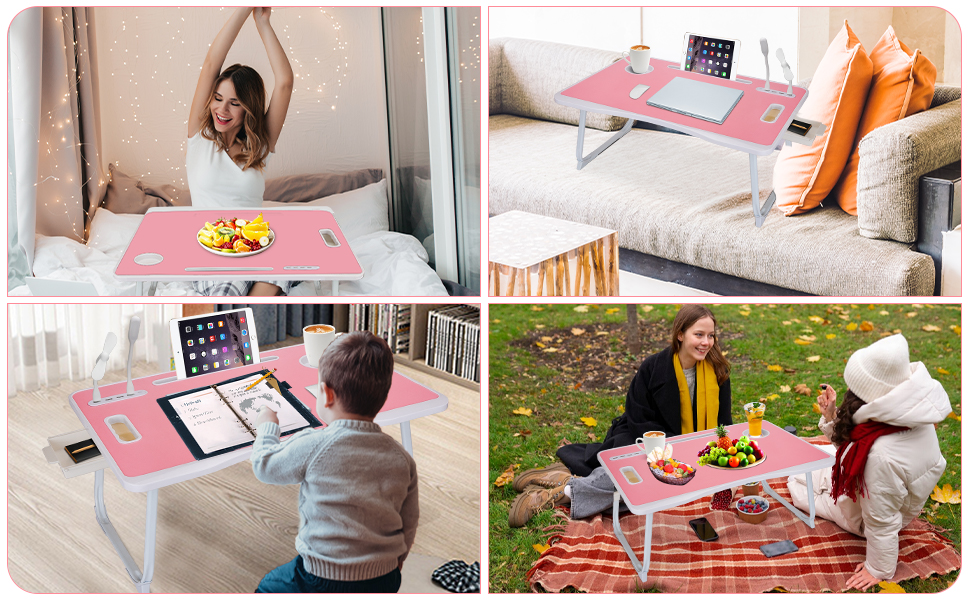 Стіл для ноутбука в ліжко, складаний з USB-портом, ручкою, кишенями для карток, тримачем для напоїв та висувною шухлядою (рожевий)
