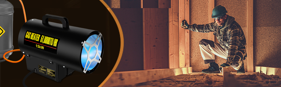 Газовий нагрівач з вентилятором, 15 кВт, з газовим шлангом 1,2 м та редуктором тиску 700 мбар, нержавіюча сталь, Piezo-запалювання, з ручкою