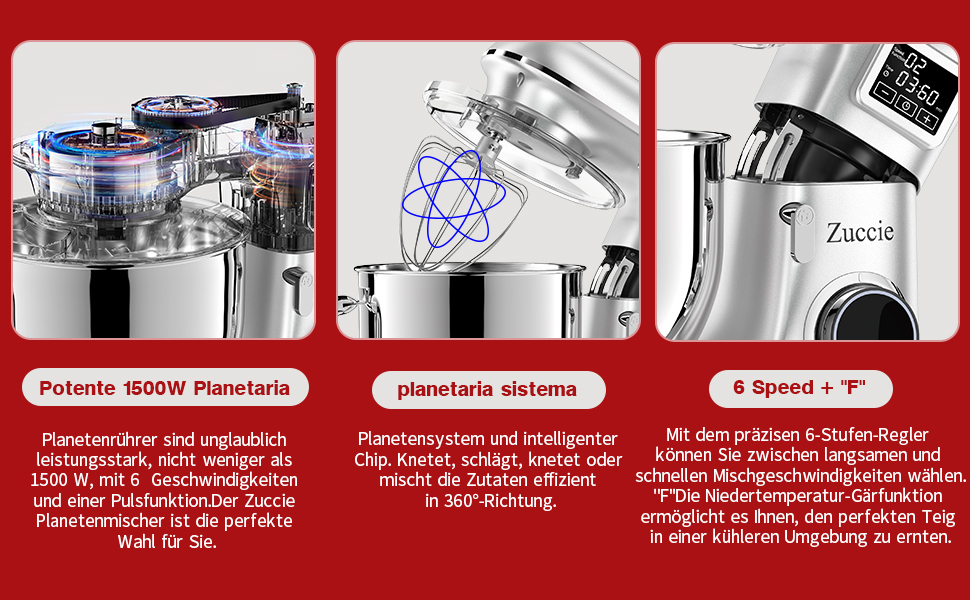 Кухонна машина 1500W 8L з 6 швидкостями, функцією ферментації та LCD-дисплеєм. Комплектується міксером, гаком для тіста та вінчиком (срібна)