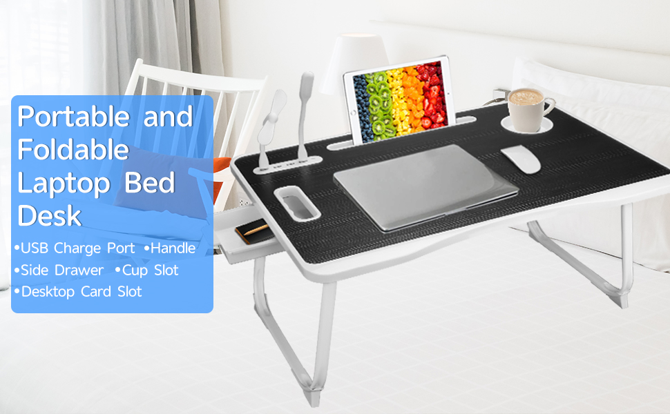 Складаний столик для ноутбука з USB-портом, з ручкою, кишенями для карток, тримачем для напоїв та висувною шухлядою (чорний)