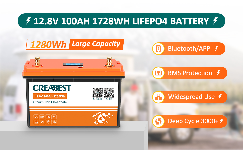 Акумулятор 12V 200Ah CREABEST LiFePO4, BMS, Bluetooth, глибокий цикл, 2560 Вт, для автофургону, сонячної системи, поза мережею