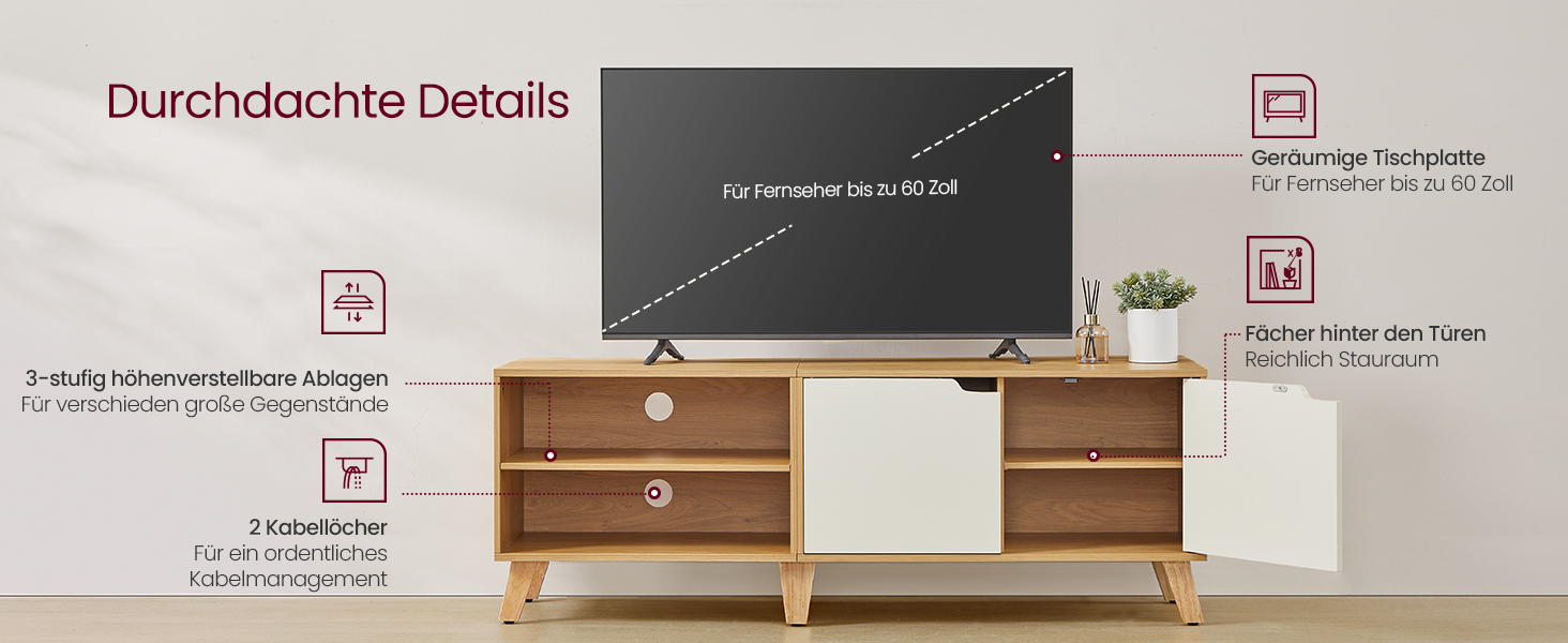 Тумба під телевізор VASAGLE 160 см, шафа для ТВ до 65 дюймів, 2 двері, полиці, колір: бежево-кремовий LTV030W01