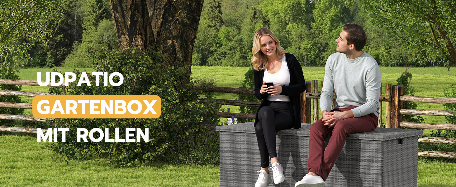 Водонепроникний садовий ящик для зберігання UDPATIO 480л з колесами, сірий 138x61 см | Ящик для подушок, стійкий до УФ-випромінювання та погодних умов для саду, балкону