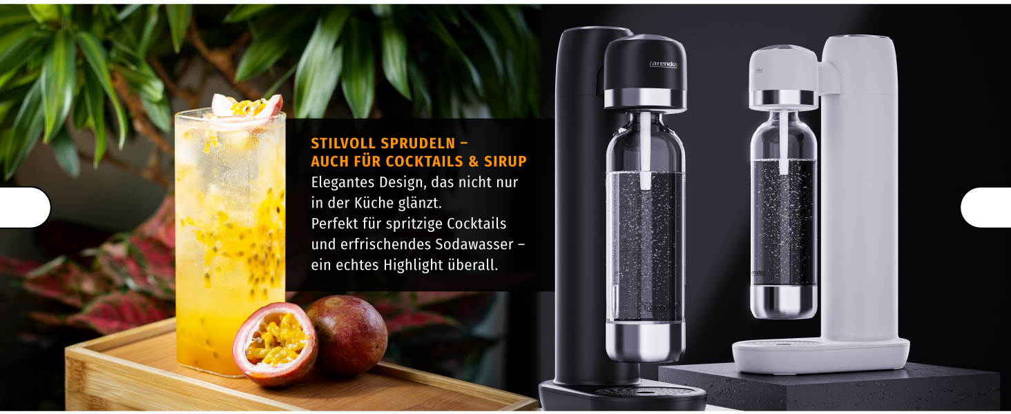 Сифон для газування води Arendo Soda Maker, набір з двома пляшками (1л пластикова BPA-free та 1л зі сталі), сумісний з циліндрами CO2 60л, білий
