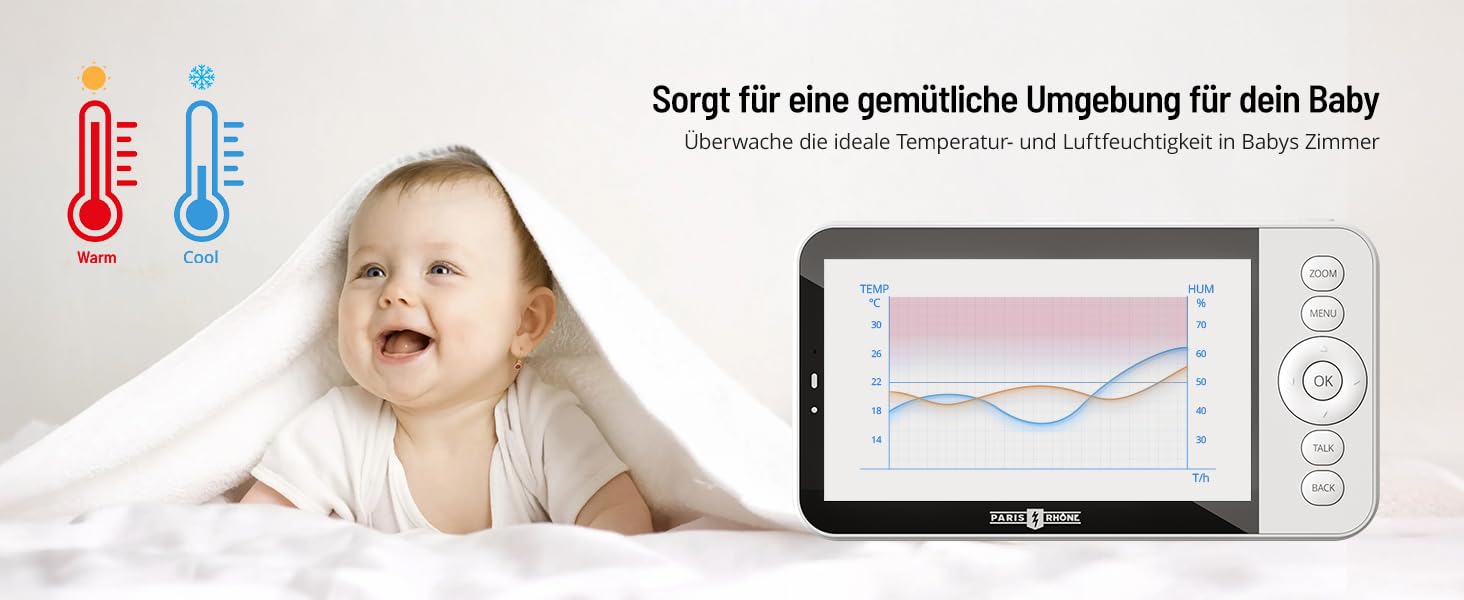 Відеоняня PARIS RHÔNE з 2 камерами, WiFi, 2K UHD, нічник, датчик руху/плачу, контроль температури та вологості, колискові