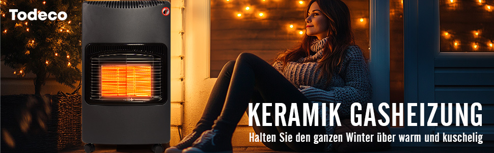 Газовий обігрівач Todeco 4200W з керамічним нагрівачем, чорний колір, 3 режими нагріву, з регулятором тиску, шлангом, для балконів та добре провітрюваних приміщень