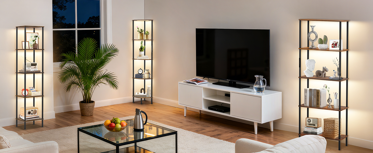 LED торшер з полицею, 3 режими світла, димування (сенсор/пульт), кутова полиця 5 рівнів, вузька книжкова шафа для вітальні, спальні, офісу, чорний