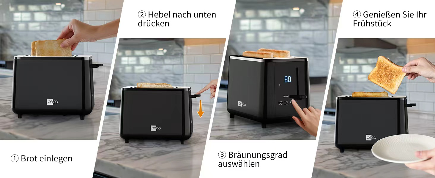 Тостер aeco toastlab Elite 2-слотовий з підставкою для булочок, 6 рівнів підсмажування, 10 програм, 850 Вт, LCD-дисплей, функція підйому, розморожування, піддон для крихт (LED-Touch)