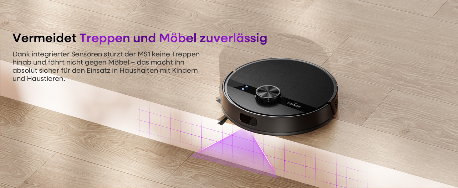 Робот-пилосос MONSGA з функцією миття, 5000Pa, час роботи 180 хв, система захисту від ковтунів, LiDAR навігація, для килимів та шерсті тварин, керування через додаток та пульт (чорний)