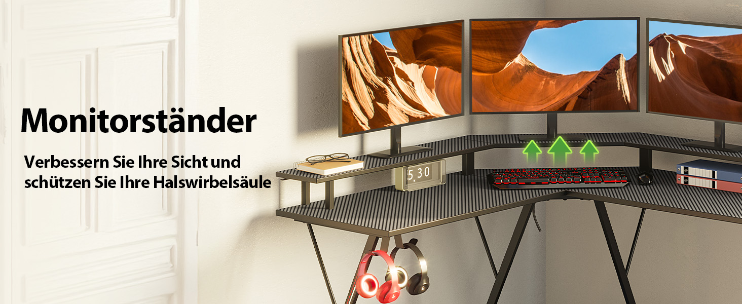 Ігровий стіл SEVEN WARRIOR з LED-підсвічуванням, розетками, моніторний стійка, 2 гачки, L-подібний, 147 см