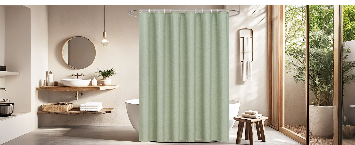 Шторка для душу EurCross з льону, текстурована, зелена, 180x200 см, для ванної кімнати, текстильна, важка, водонепроникна, з 12 кільцями, антибактеріальна, для готелів, поліестер, миється, штора для душу, зелена H200 x B180 см (1 шт.)