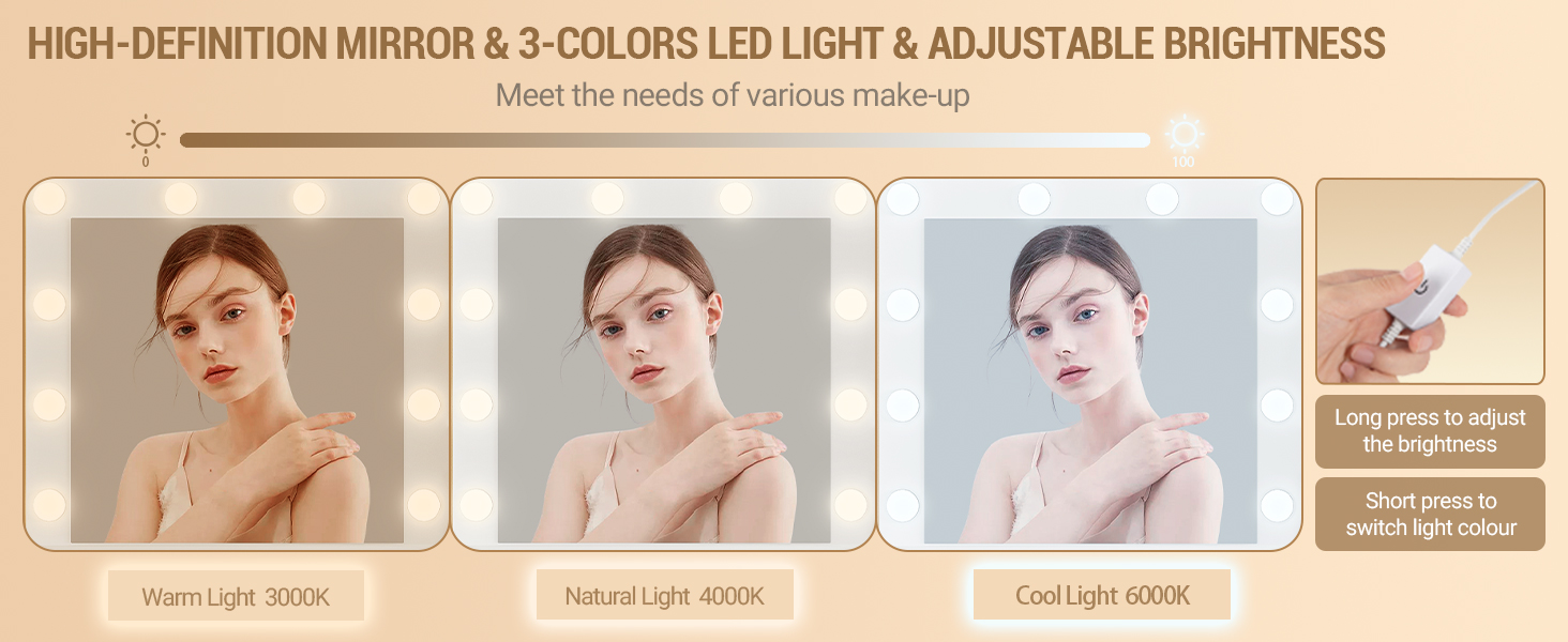 Дзеркальний туалетний столик Hzuaneri з LED-підсвіткою (10 LED), пуфом, великим дзеркалом, тримачем для фену та шухлядами, білий DT39003X