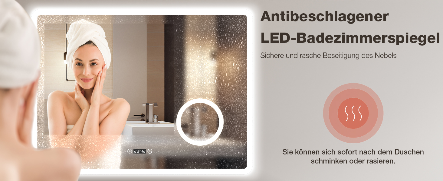 Дзеркало для ванної кімнати з LED-підсвічуванням GIMBELEN 80x60 см, прямокутне, сенсорне управління, регульована яскравість, 3 кольори світла, антизапарник, для вертикального/горизонтального монтажу