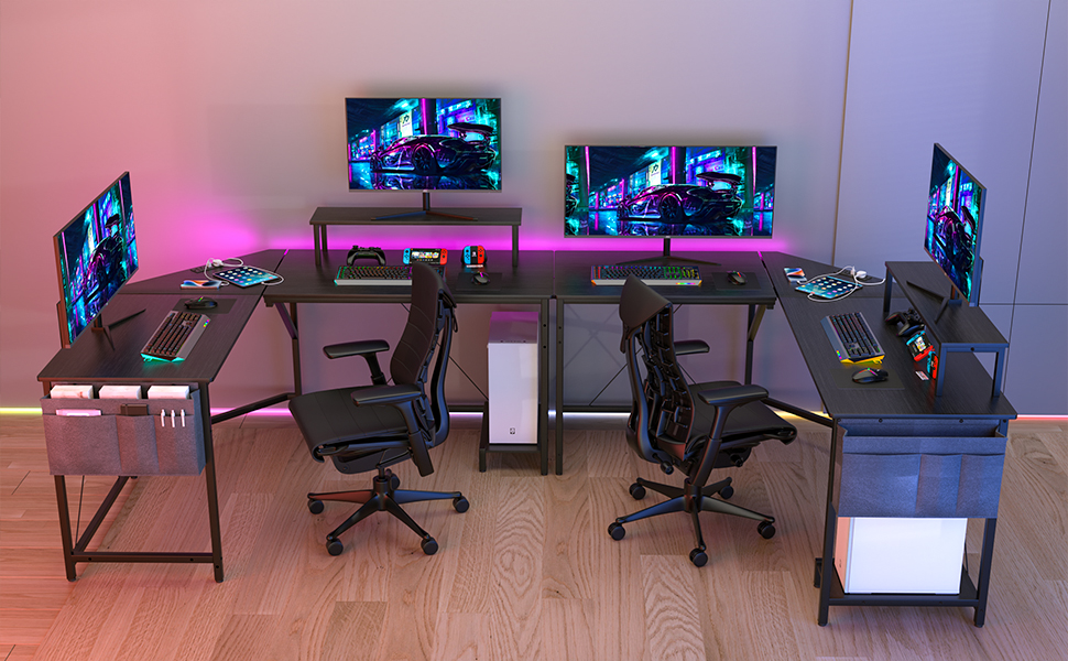 Ігровий стіл HaodaCulture 160x135 см з підставкою для монітора, 2 розетки та 2 USB-порт, кутовий, для комп'ютера, великий, 160 x 135 x 75 см
