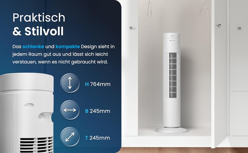 Турбовентилятор Pro Breeze з дистанційним керуванням, 76 см, осциляція 65°, таймер, 3 швидкості, тихий, для спальні та офісу, білий