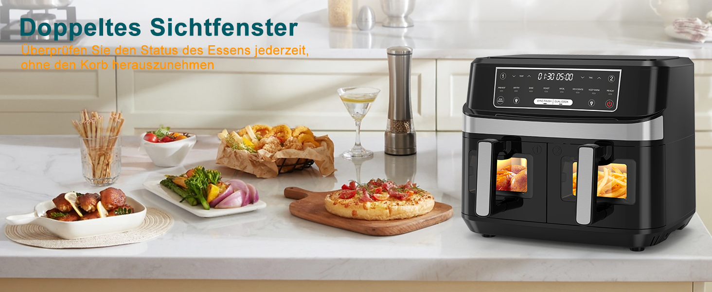 Подвійна фритюрниця без олії з 2 камерами, 10л, 8-в-1, сенсорний екран, таймер, XXL