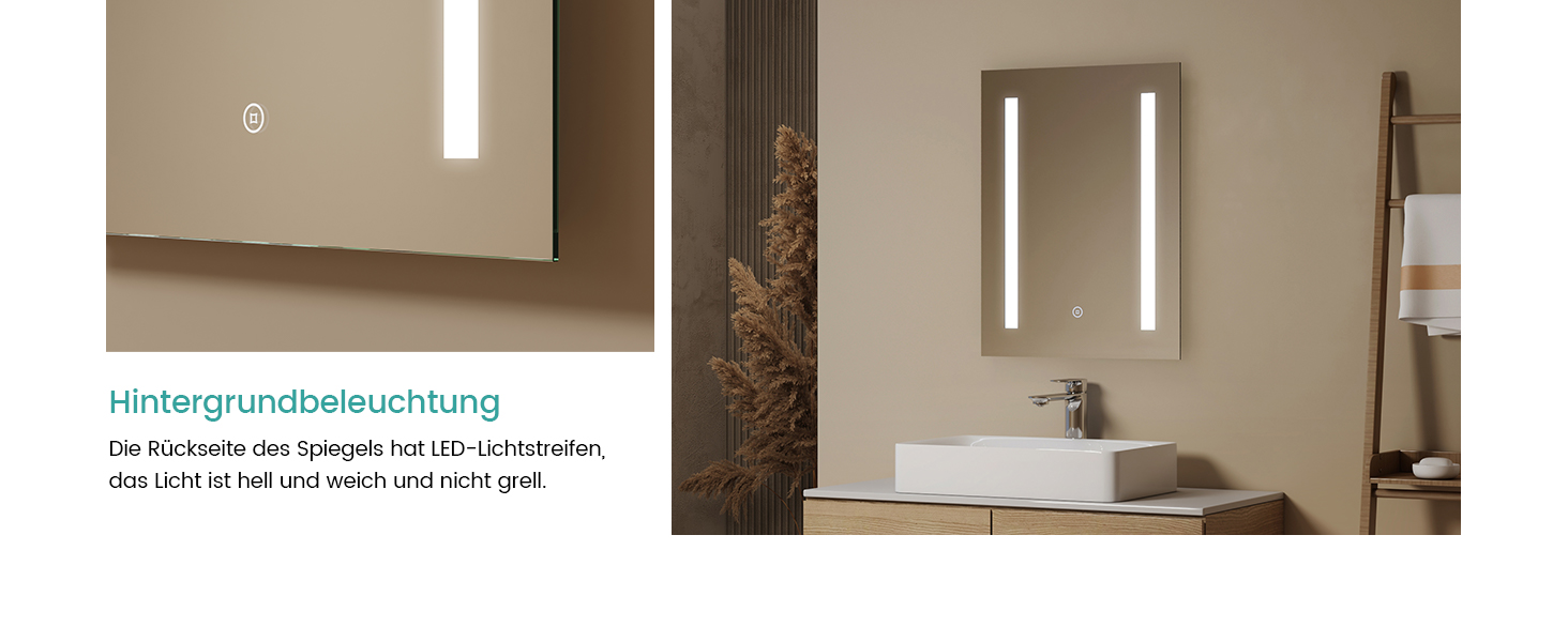 Дзеркало для ванної кімнати EMKE з підсвічуванням 60x80 см, 2 кольори світла, антизапарник, IP44, LED, сенсорний вимикач