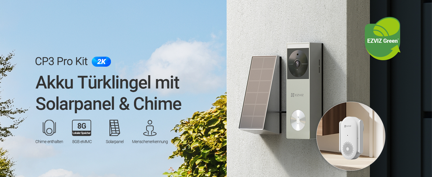 Відеодзвінок EZVIZ CP3 Pro з акумулятором та дзвінком CH1, бездротовий, з камерою, розпізнавання осіб, 2K, кольорова нічна зйомка, двостороння зв'язок, 8GB eMMC, комплект
