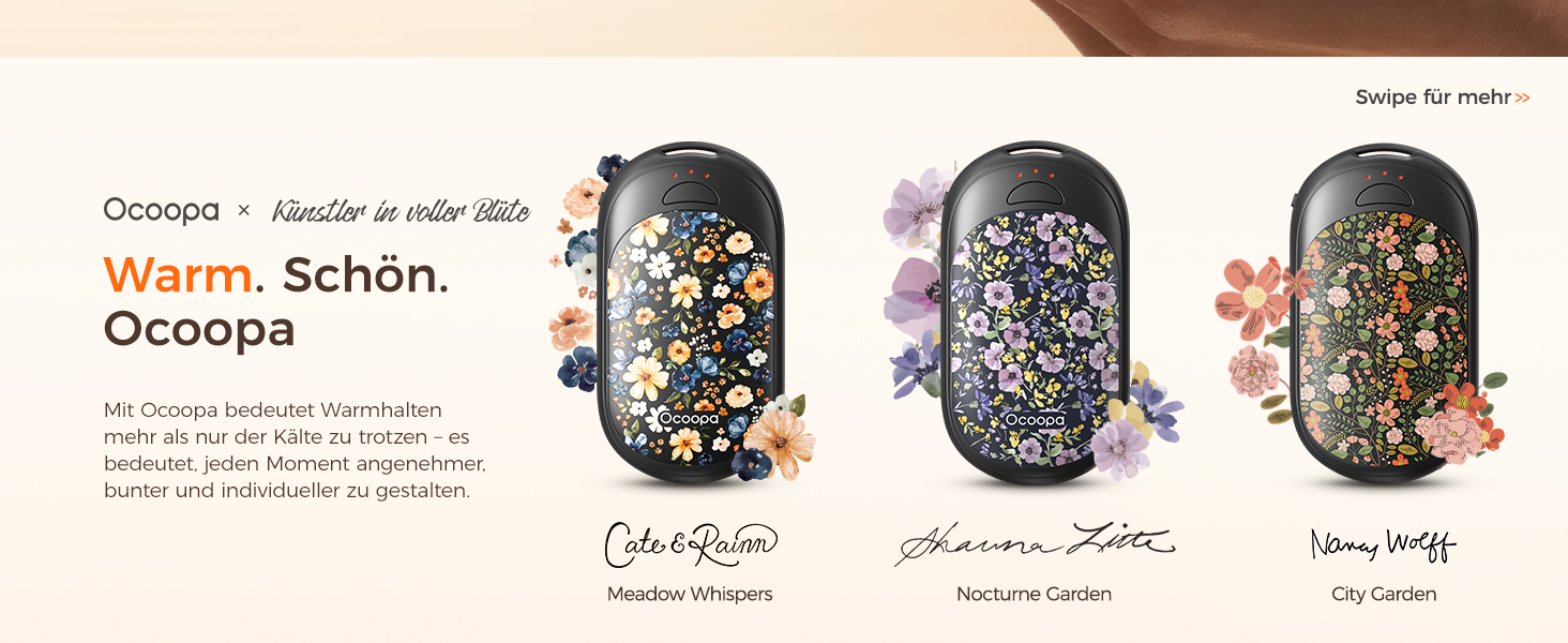 Електричні грілки для рук Ocoopa 2 шт. з магнітною основою, 5000mAh, 3 режими нагріву, компактні, для рукавичок, сумок, зимові аксесуари, подарунок для чоловіків та жінок (Lila_Weiß, Painted in Bloom (Ocoopa x Artist in Bloom)_Schwarz)