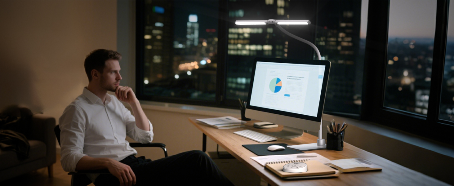 Стіл лампа з двома головками для дітей, захист очей, 16W, 72см, денне світло, диммування, пульт ДУ, лебединий шийка, матовий білий