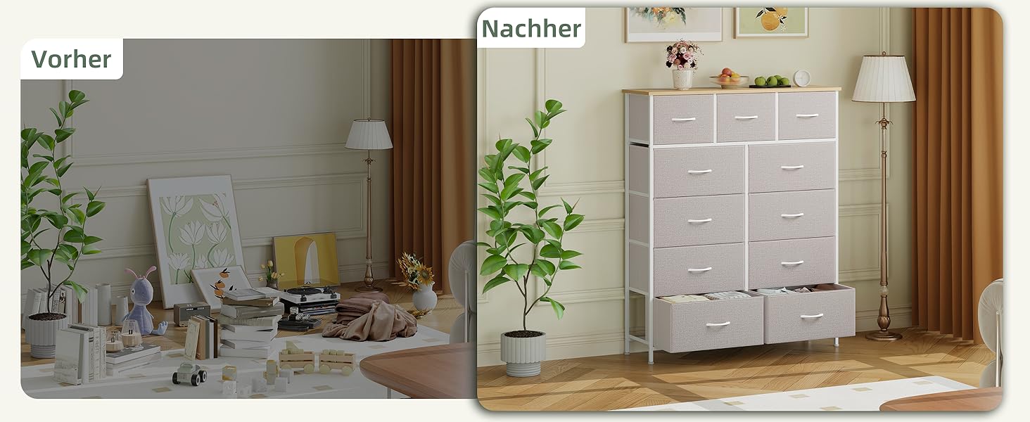 Тумбочка Somdot з висувними ящиками, тканинна тумбочка, тумбочка для спальні, вітальні, коридору, шафа з ящиками, 5 тканинних ящиків, білий колір, штучна шкіра (сірий, 30T x 100B x 118.5H см (11 ящиків))