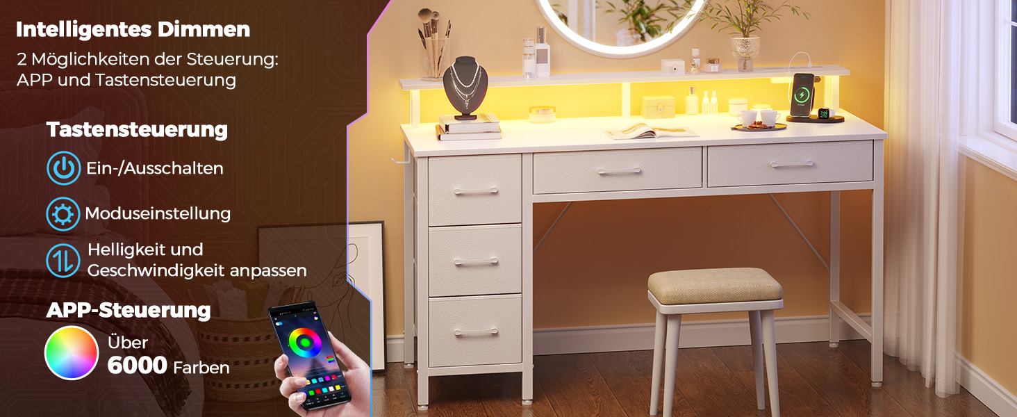 Комп'ютерний стіл Seventable з розетками та LED-підсвічуванням, 100 см, ігровий стіл з 5 шухлядами, стіл для офісу, робочого кабінету, спальні, вітальні, білий