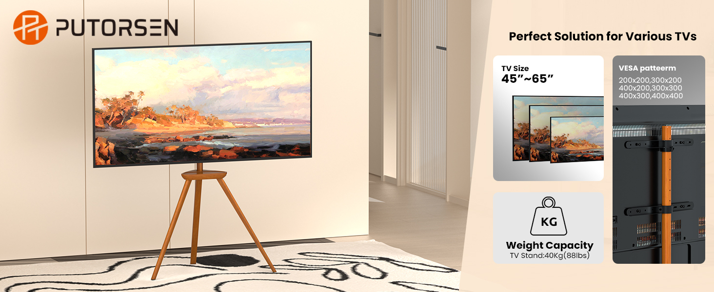 Підставка для телевізора PUTORSEN з дерева, регульована по висоті, для телевізорів 45-65 дюймів, до 40 кг, поворотна на 45 градусів, VESA 400x400 мм
