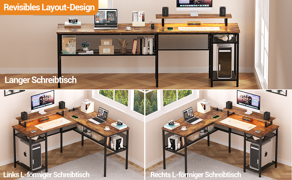 L-подібний ігровий стіл, 141x117x76 см, з полицею, для дому, офісу, навчання, ігор (Рустикальний коричневий)