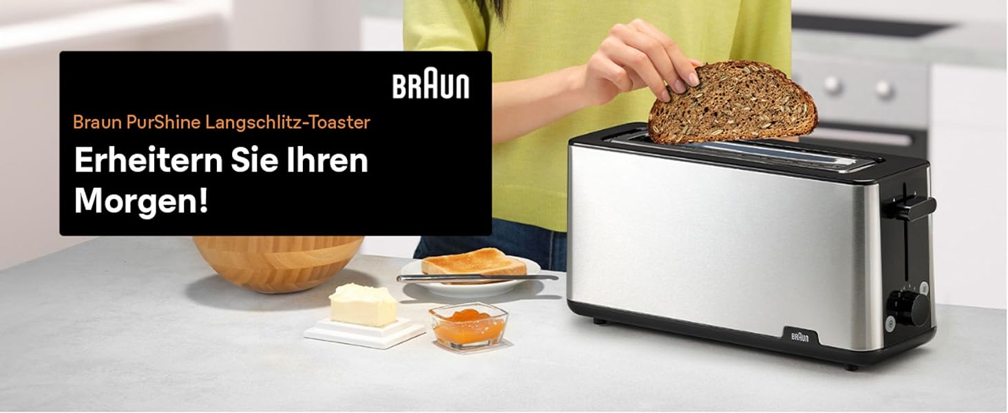 Тостер Braun PurShine HT 1610 BK, 25 см, 8 режимів підсмажування, розморожування, підігрів, решітка для булочок, чорний, 1030 Вт