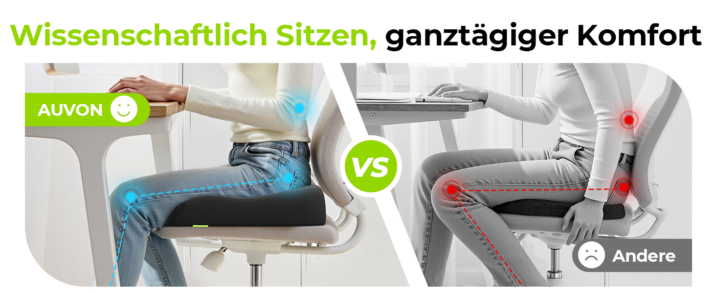 Ортопедична подушка для сидіння AUVON з підтримкою стегон, ергономічна для офісного та автомобільного крісла - підвищує комфорт, покращує кровообіг, знімає навантаження з куприка