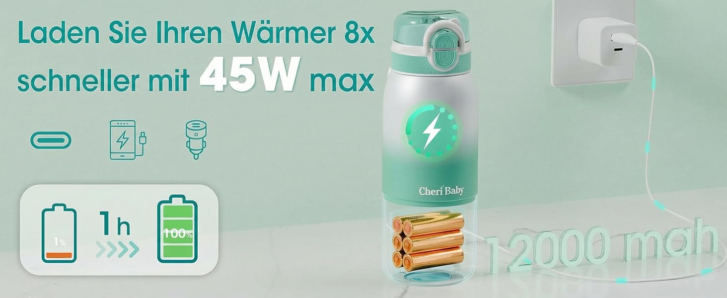 Портативний підігрівач пляшечок для дитини, швидкий нагрів, акумулятор 12000mAh, 2 режими нагріву (молоко/вода), об'єм 355мл, кришка з трубочкою