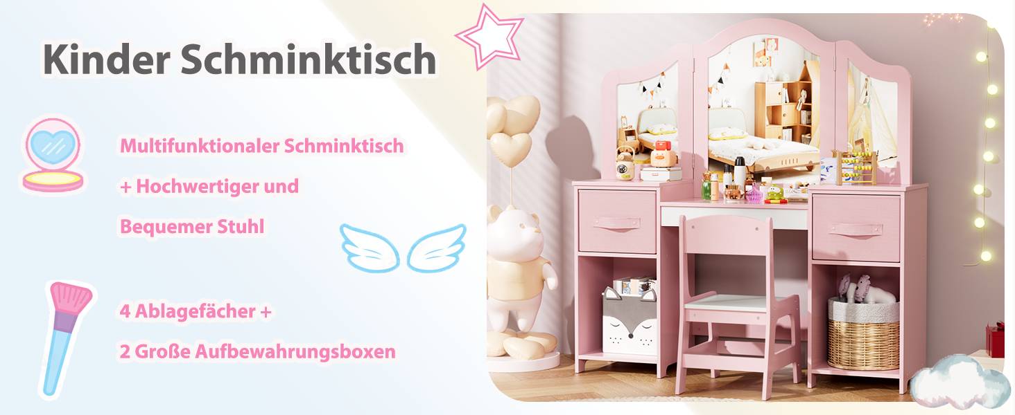 Дитячий туалетний столик MAMIZO 2 в 1 з дзеркалом та пуфом, рожево-білий (108x30x114 см)