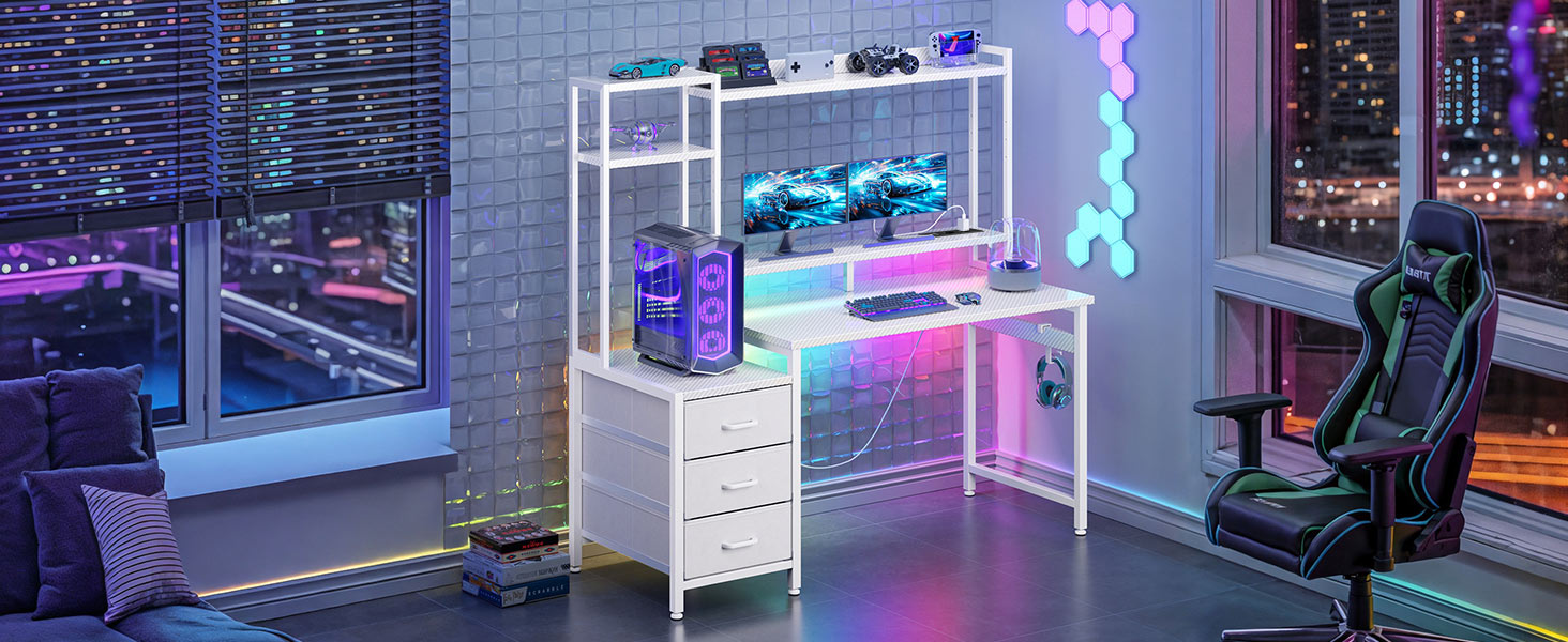 Ігровий стіл Coleshome з полицею та шухлядами, 137x48 см. Стіл для геймінгу з LED-підсвічуванням, розеткою, місцями для зберігання та підставкою для монітора. Колір: карбонове волокно.