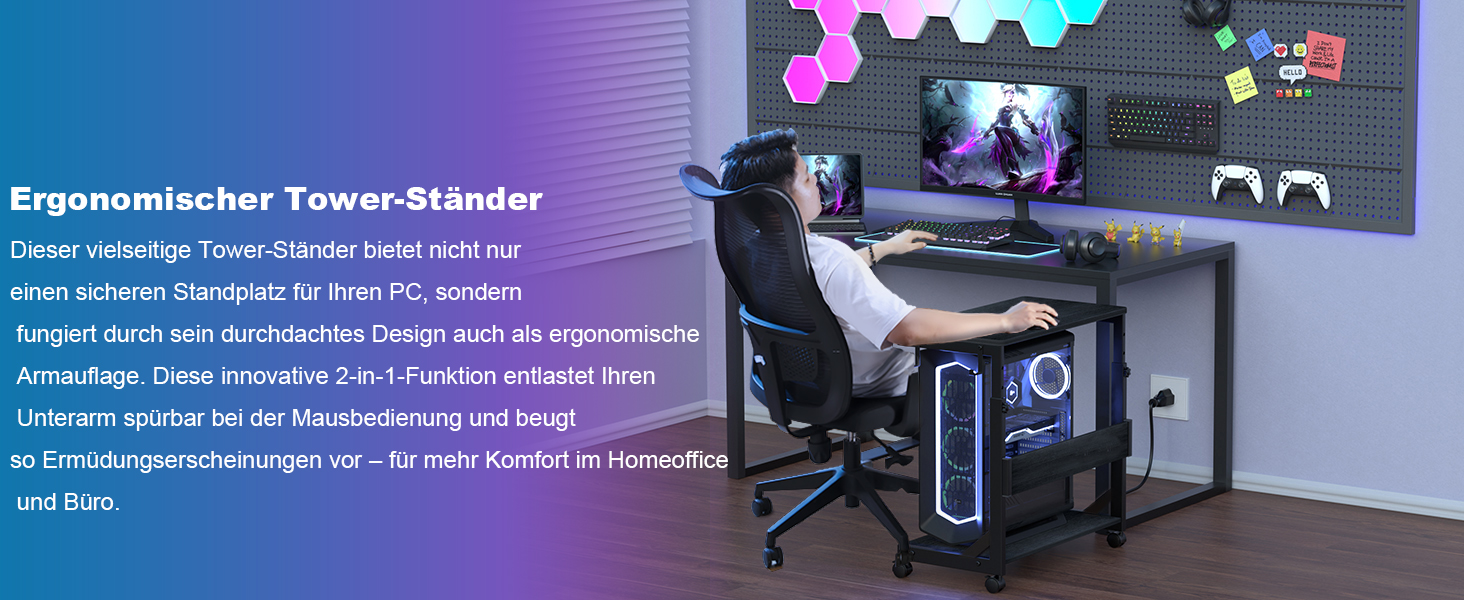 Регульований стійка для комп'ютера Tower, чорний, 64 x 34 x 59-84.5 см, з ATX корпусом та місцем для зберігання