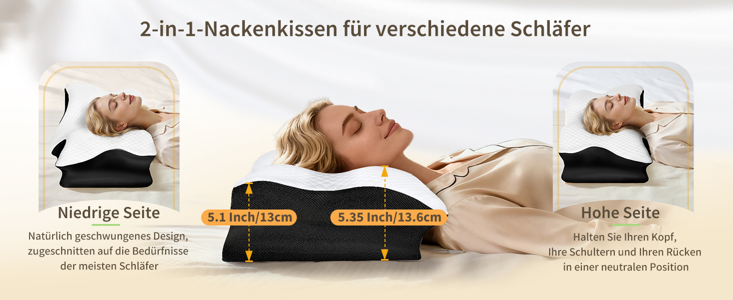 Ортопедична подушка для шиї з Memory Foam, ергономічна для сну на боці, спині та животі, 61.7x37x13/13.6 см, чорна
