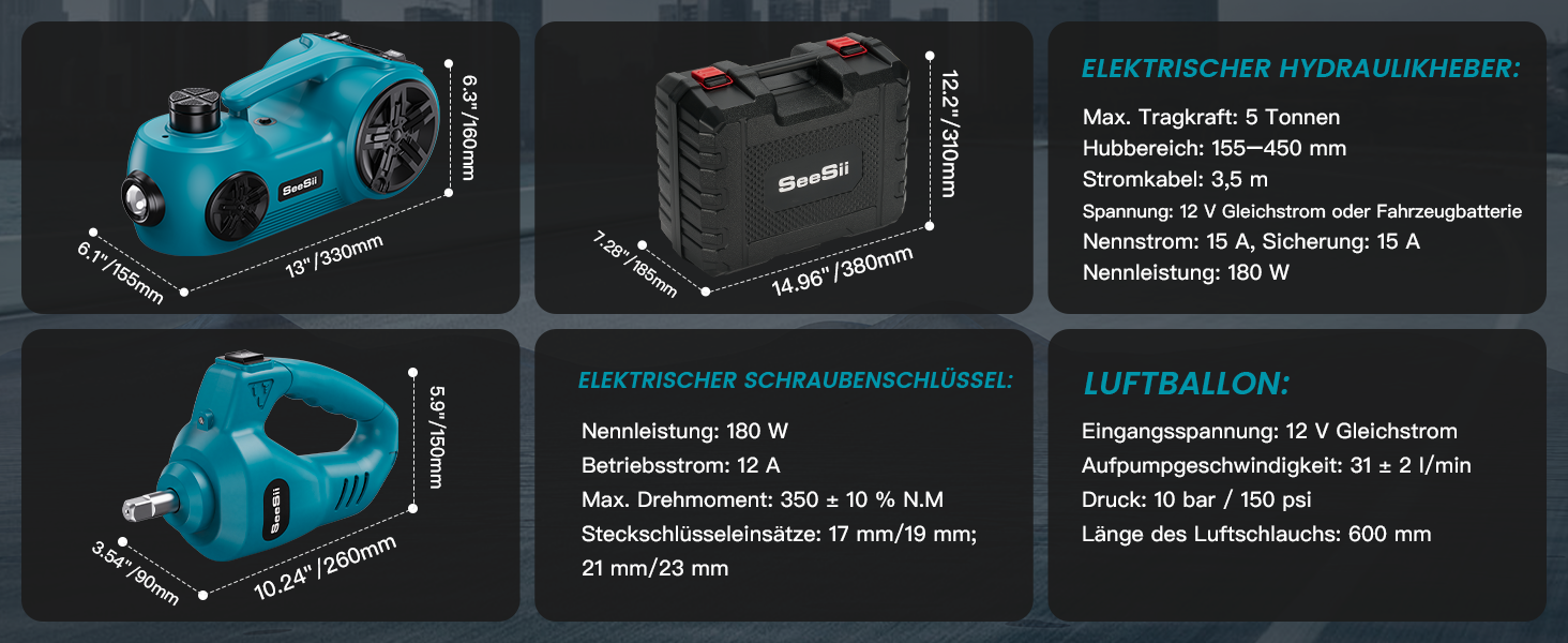 Електричний гідравлічний домкрат SEESII 3T/5T з дистанційним керуванням та LED-підсвіткою, 12В, підйом 15.5-45 см для авто, SUV та вантажівок