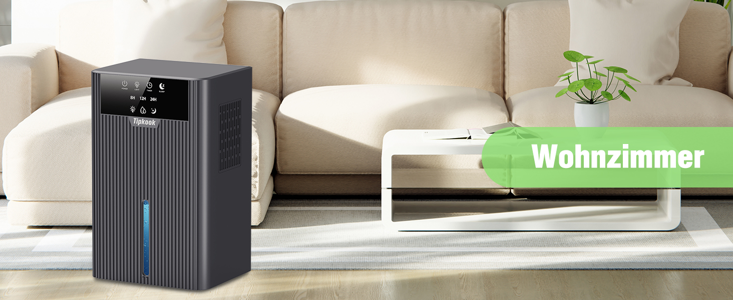 Електричний осушувач повітря Tipkook, 2400 мл, автоматичне відтавання, 10 кольорів підсвічування, таймер 8/12/24 год, ≤35 дБ, портативний для ванної, спальні, кухні, шафи, сірий