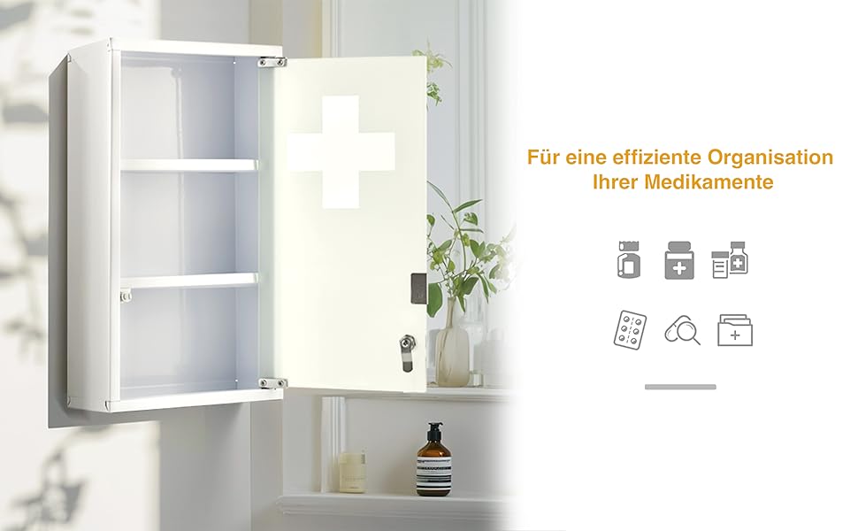 Медичний шафчик Zedelmaier з нержавіючої сталі, 4 відділення, з ключем, для зберігання ліків, білий (57 x 27 x 12 см)