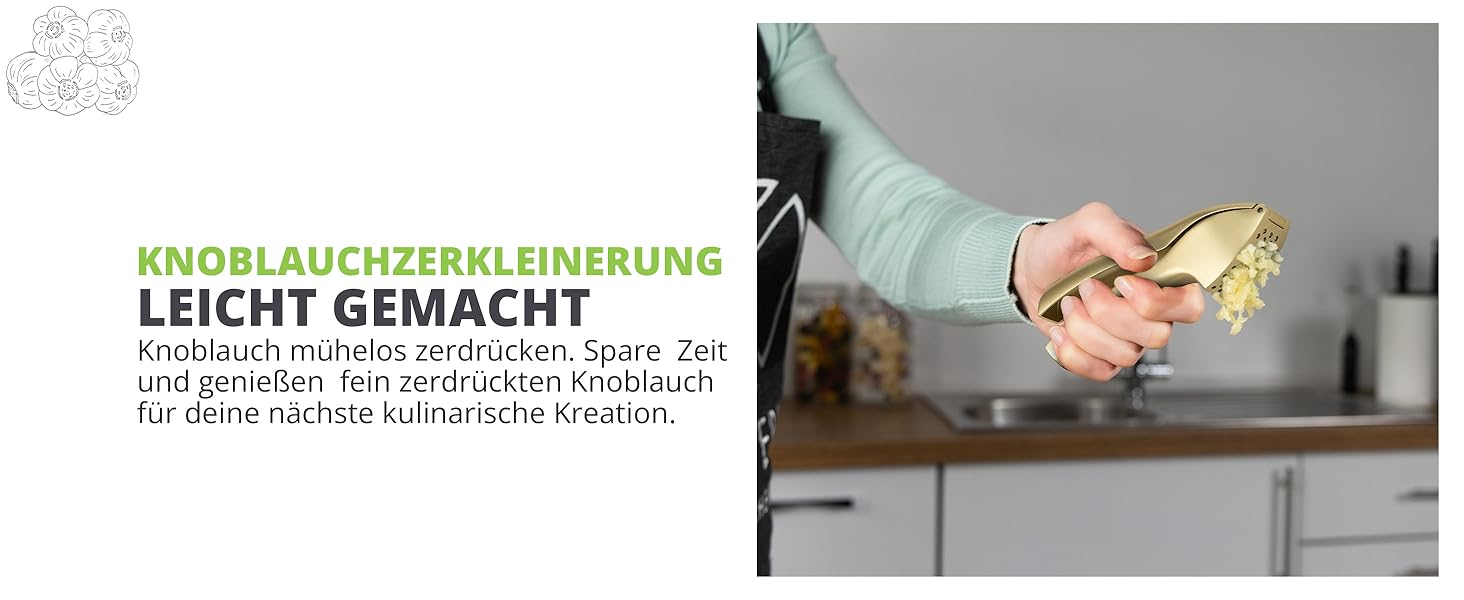 Преміум-прес для часнику Oliver's Kitchen® - зручний та легко миється - подрібнює часник та імбир без проблем (не потребує очищення) - надзвичайно міцний та зносостійкий (матова золота поверхня)