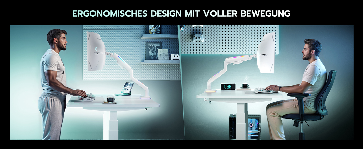 Кріплення для монітора ARES WING Ergonomic RGB, 17-49 дюймів, регульоване по висоті, поворотне, нахильне, RGB LED (білий)