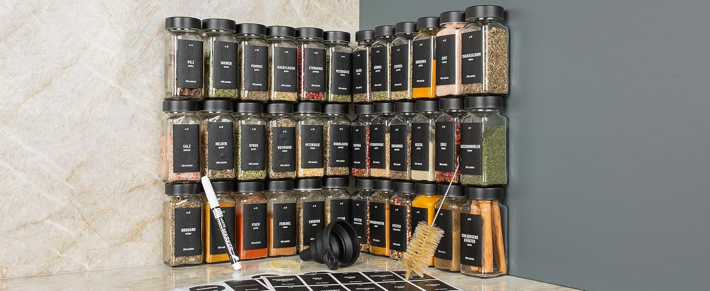 Набір банок для спецій Deco haus® (36 шт.) з кришками чорного кольору, з мірною ложкою та етикетками