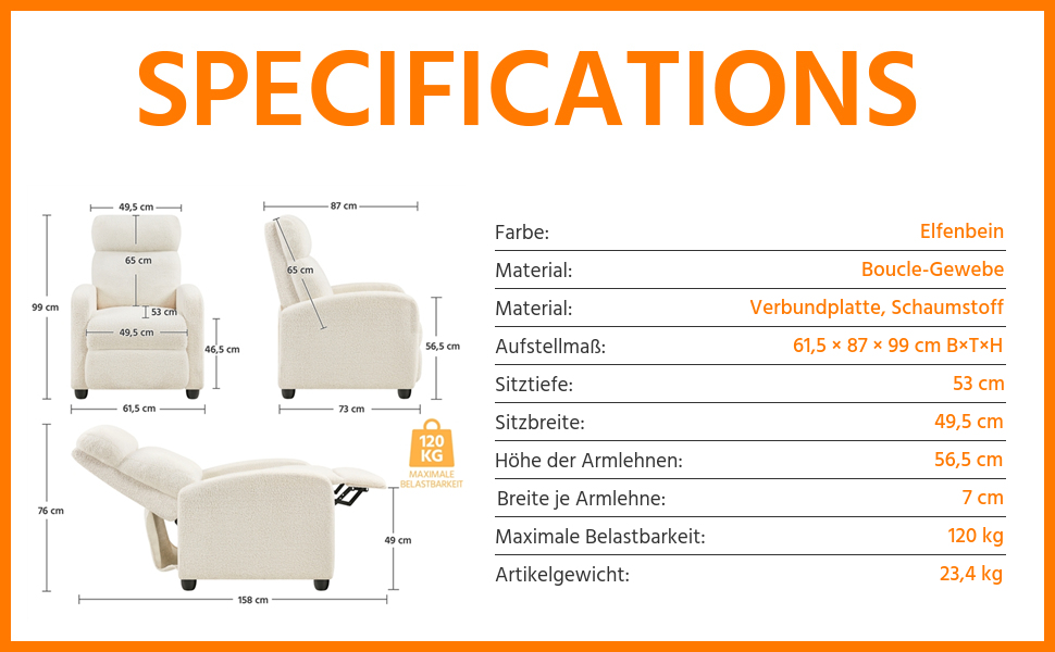 Крісло-релакс Yaheetech з регульованою підніжкою, крісло для телевізора, крісло-ліжак з тканини Boucle, колір слонова кістка