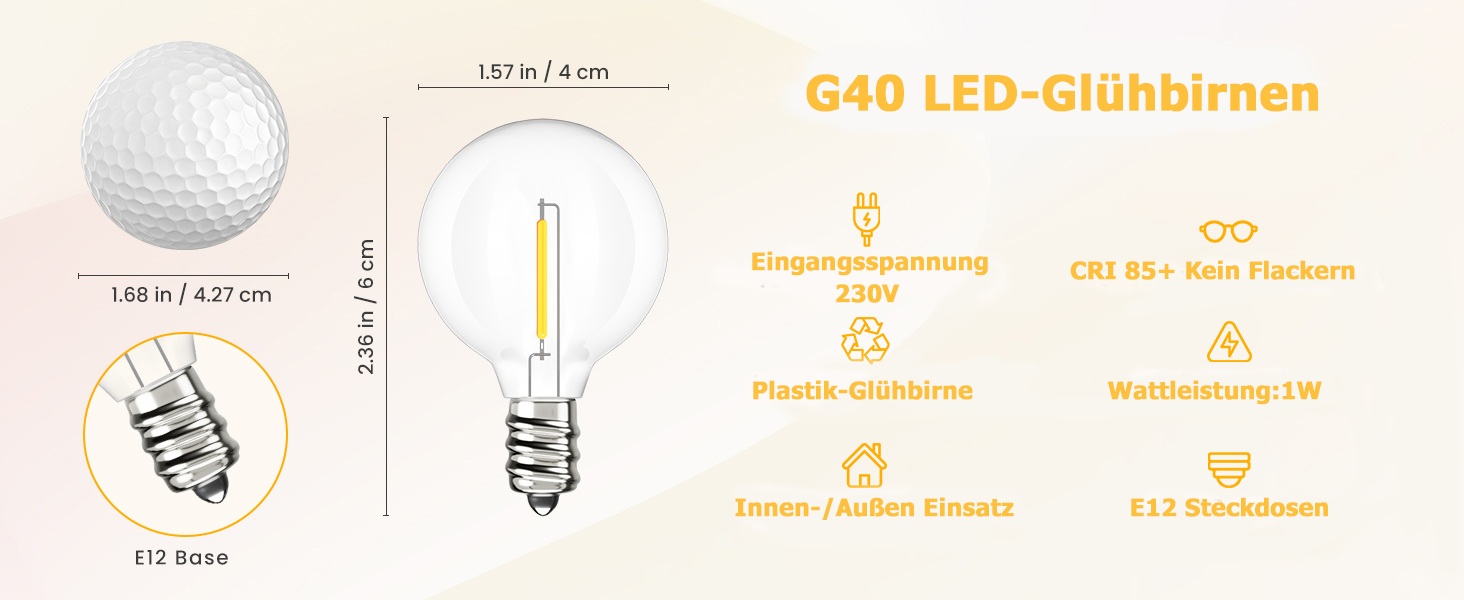 Світлодіодна гірлянда для зовнішнього використання, 60 м, G40 LED, вологостійка IP45, димерна, тепле біле світло (2700K), 104 пластикові лампочки, для декору саду, тераси, вечірки