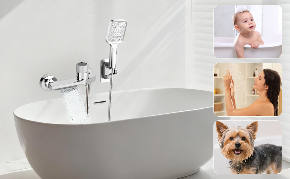 Змішувач для ванни з термостатом та двома виходами, душова лійка з запобіжним клапаном, настінний для ванни та душу, хром