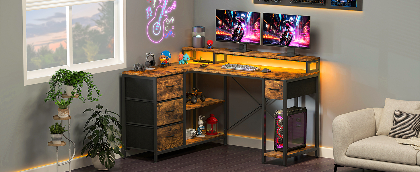 Стол YITAHOME L-подібний з USB-портом та розеткою, 140x100 см, 4 шухляди, полиця, для офісу, коричневий