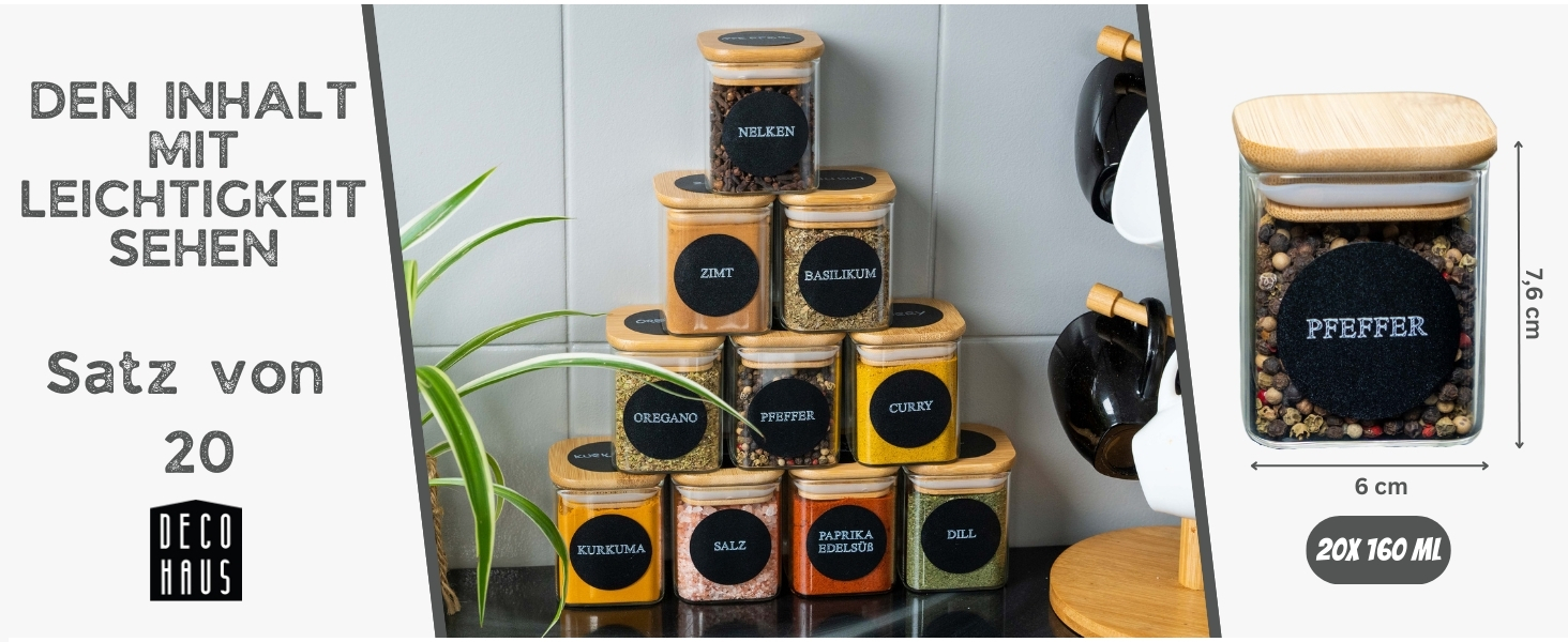 Набір скляних баночок для спецій Deco haus® з дерев'яними кришками (10 шт.) - Набір контейнерів для спецій, баночки для приправ