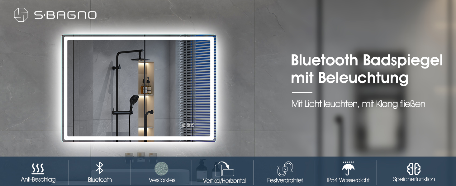 Дзеркало для ванної кімнати S'bagno з підсвічуванням Bluetooth 100x70 см, LED, антизапар, регулювання кольору, IP44